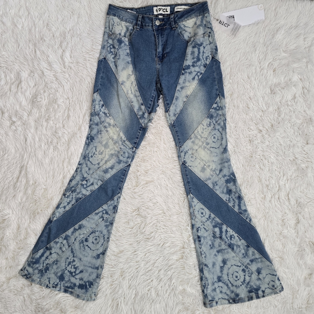PTCL Women's Blue Tie-Dye‎ Flare Jeans High Waisted NWT Size 28 - Picture 13 of 14